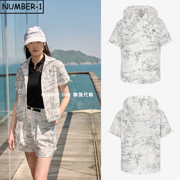 韩国代购southcape高尔夫球服26年女夏季徽标图案拉链连帽短袖T恤