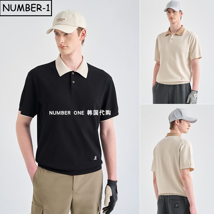 韩国代购高尔夫球服26年男春徽标刺绣半纽扣翻领短袖针织套头上衣