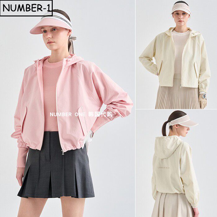 韩国代购高尔夫球服26年女春纯色徽标口袋全拉链连帽长袖防风夹克