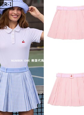 韩国代购malbon高尔夫球服26年女夏腰带徽标格纹图案褶裥裙半身裙
