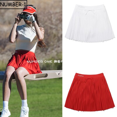 折扣韩国代购malbon高尔夫球服24年女夏纯色百褶抽绳侧拉链半身裙