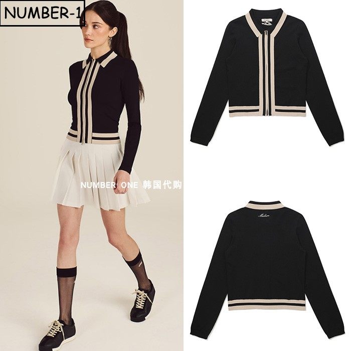 韩国代购malbon高尔夫球服26年女春拼色徽标拉链翻领长袖针织开衫