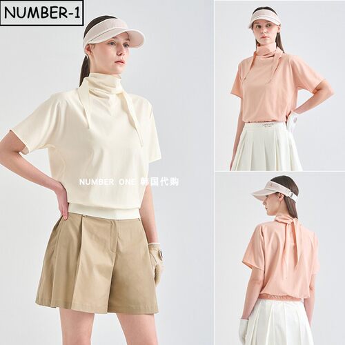 韩国代购高尔夫球服26年女夏纯色刻字徽标凉感领口系带短袖套头衫