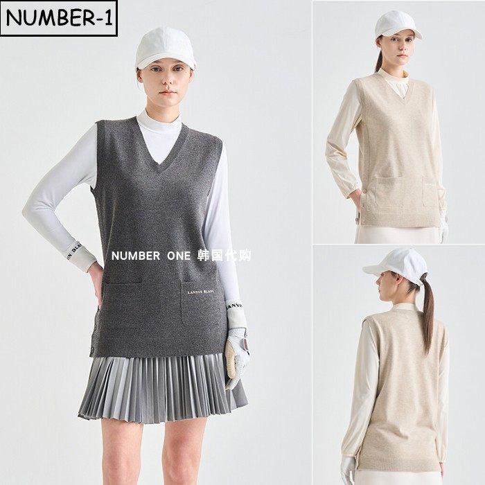 韩国代购高尔夫球服26年女春纯色徽标符号口袋针织V领无袖套头衫