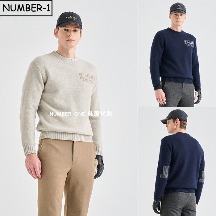 韩国代购高尔夫球服25年男冬纯色徽标嵌花圆领长袖羊毛针织衫上衣