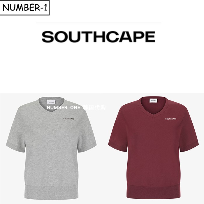 韩国代购southcape高尔夫球服26年女秋徽标图案V领短袖T恤针织衫