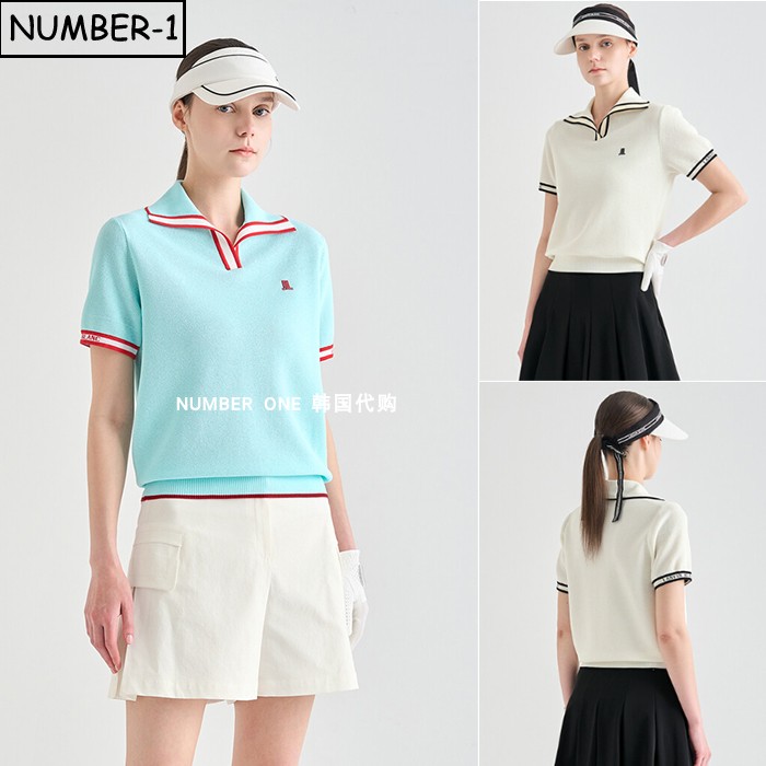 韩国代购高尔夫球服26年女夏拼色徽标提花开领短袖T恤针织衫上衣
