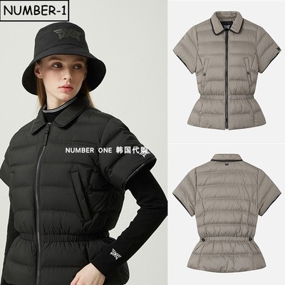 韩国代购pxg高尔夫球服25年女冬季徽标口袋拉链翻领短袖羽绒背心