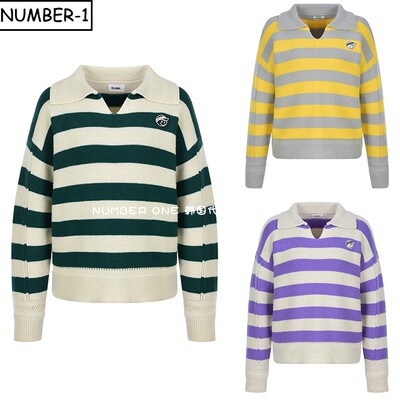 折扣款韩国代购plabel高尔夫球服女冬徽标V领长袖条纹针织上衣