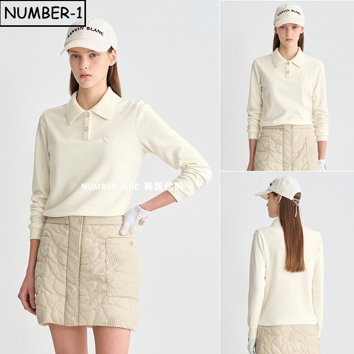 韩国代购高尔夫球服25年女冬纯色徽标符号半纽扣翻领长袖针织上衣
