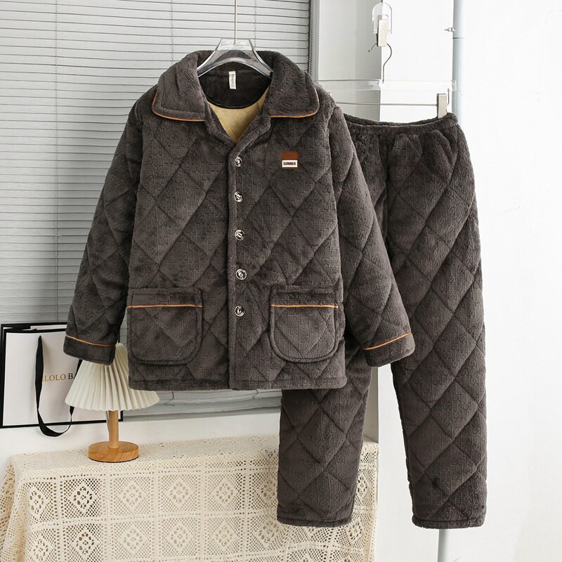 冬季新款男士睡衣法兰绒三层夹棉保暖加厚家居服中老年牛奶绒男装