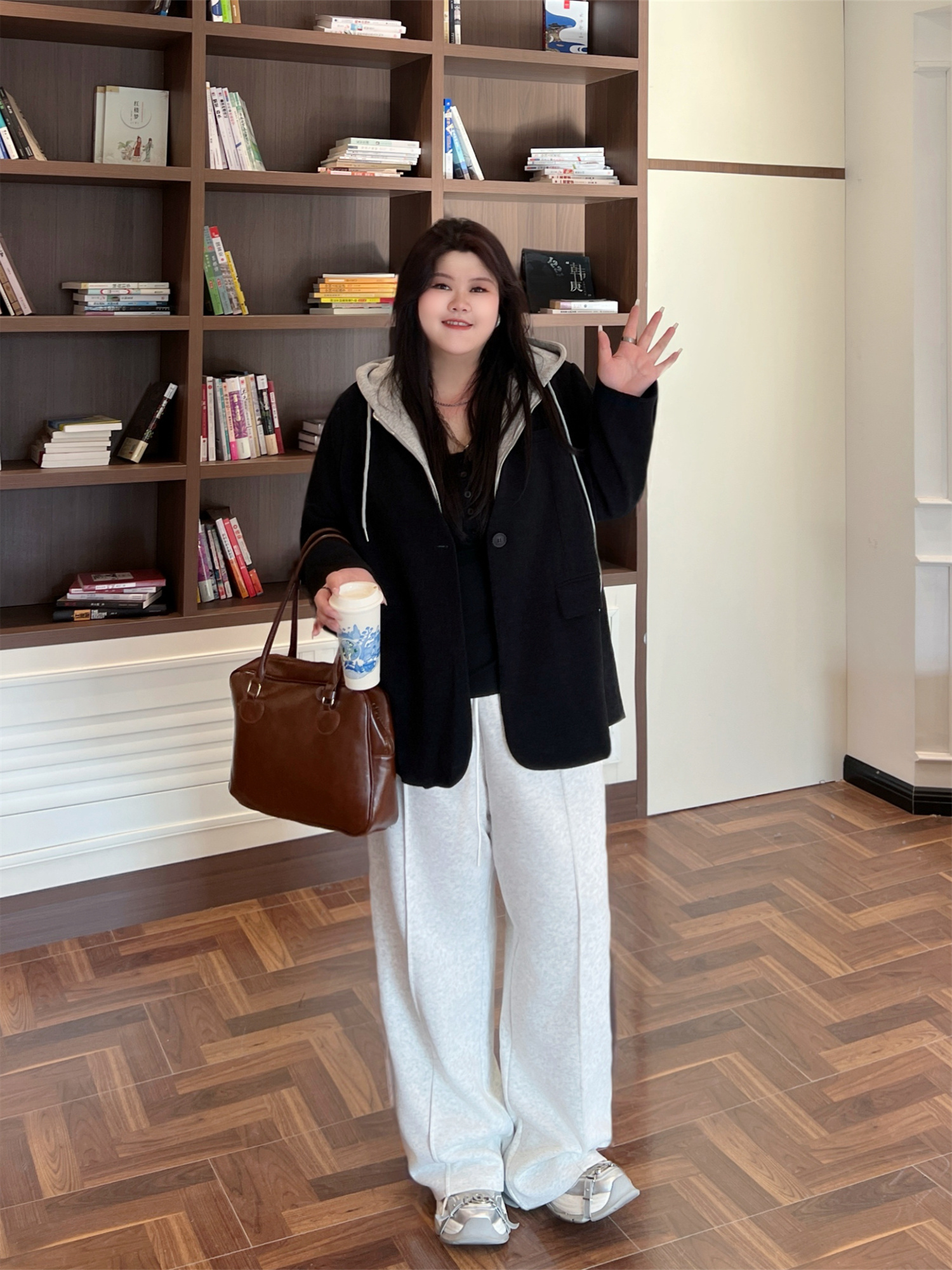 Plus size Women's Wear 4437 Plus Size Ladies Early Autumn Stylish Fake Two-Piece Hooded Small Suit Casual Slim Looking Outwear