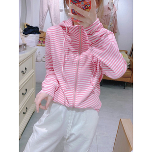 欧货粉色条纹连帽长袖外套女2025秋季新款时尚简约小众设计感上衣