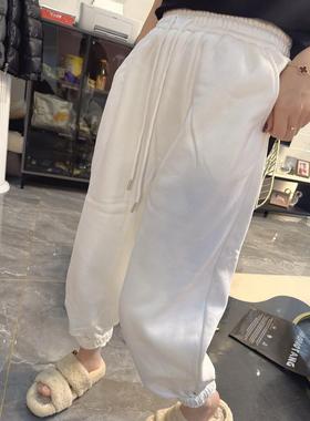 欧洲站2025秋冬新款加绒加厚白色高腰卫裤女宽松显瘦束脚哈伦裤潮