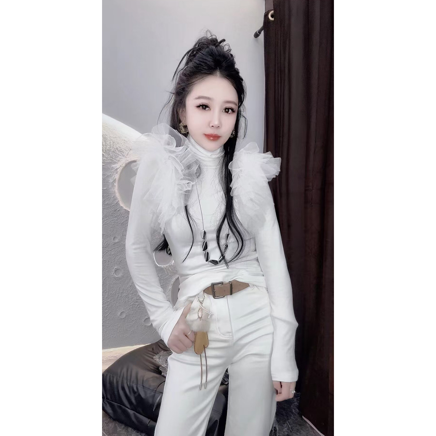 欧货拼接高级感飞飞边高领打底衫