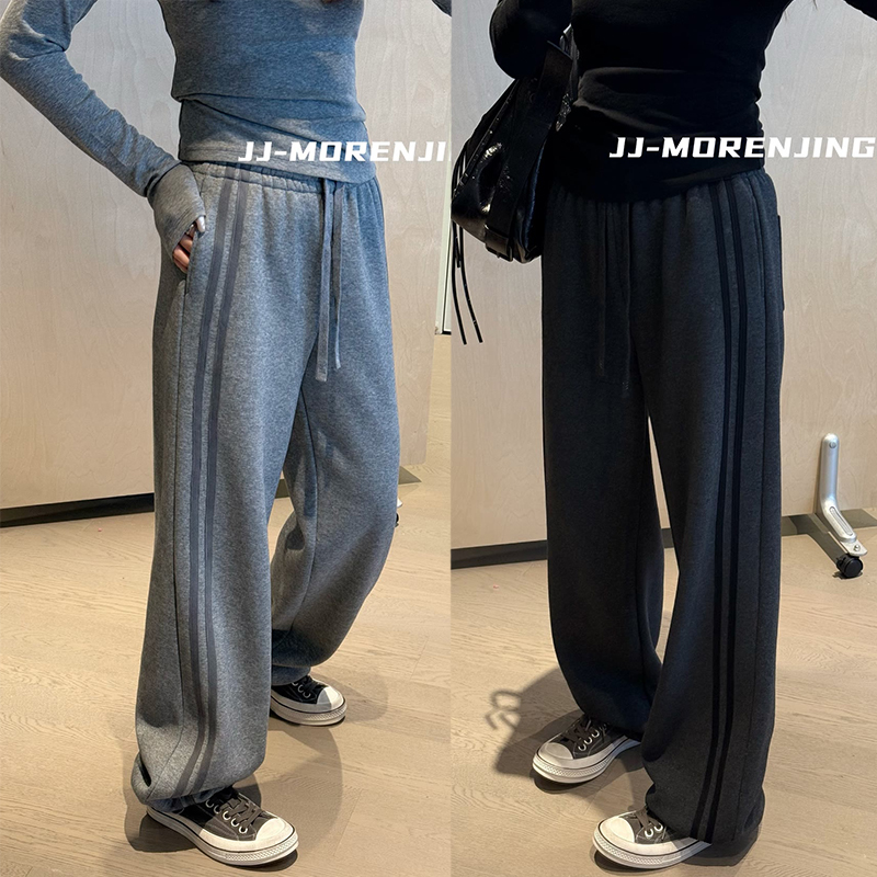 秋冬新款慵懒风加绒条纹卫裤女