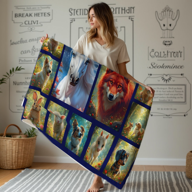 【萌趣拼图】1条动物印花涤纶毛毯 可爱萌宠拼图设计 居家午睡毯