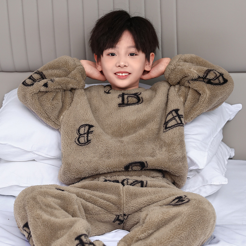 儿童装男童睡衣冬季家居服加绒大童男孩加厚秋冬款珊瑚绒法兰绒潮