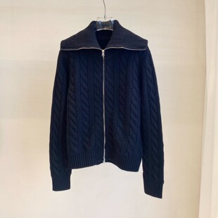 韩系淡人系穿搭麻花针织开衫翻领拉链外套藏青色慵懒松弛感羊毛衫