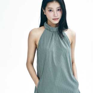 ProtectHeart立体绒格纹削肩高腰显瘦挂脖无袖连衣裙