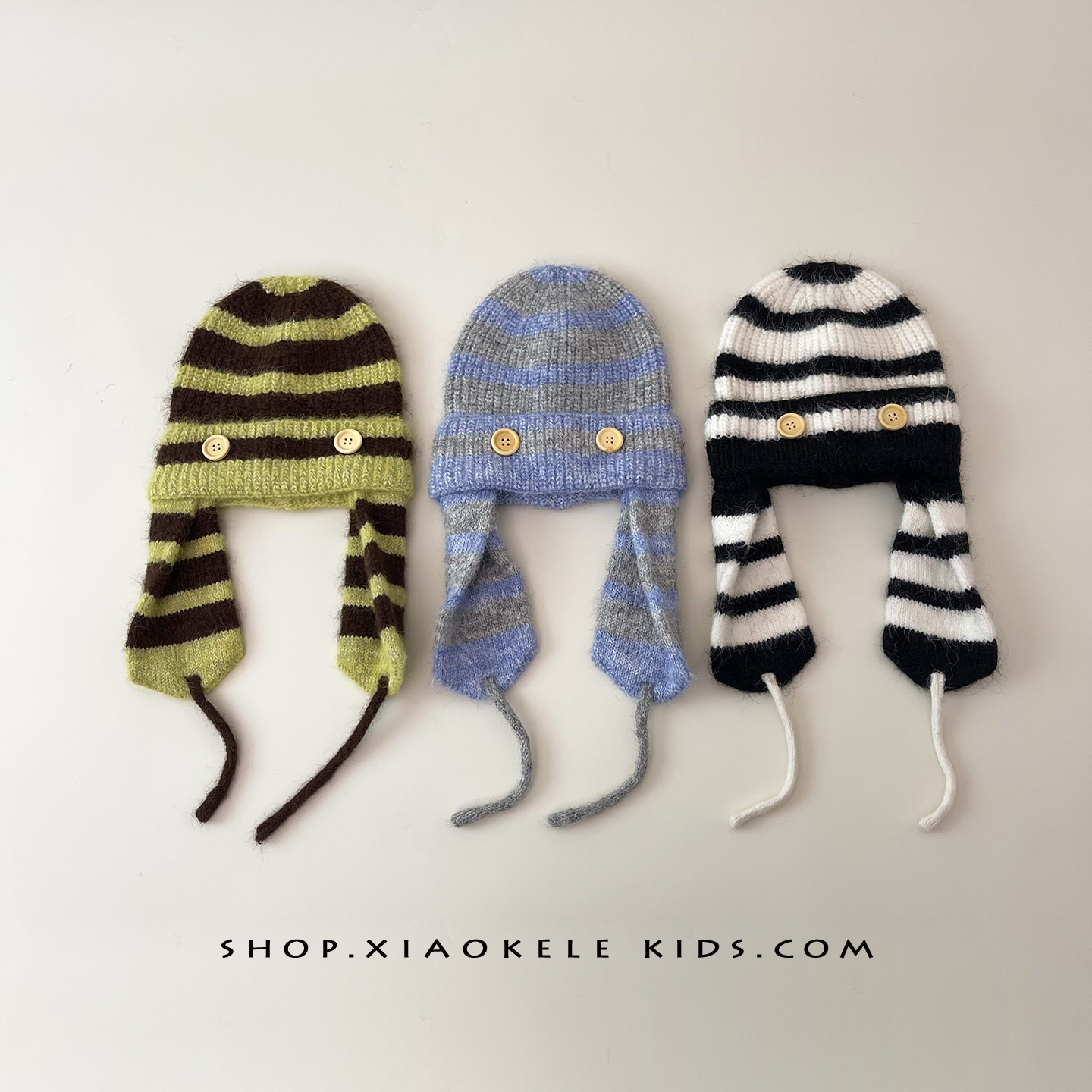 宝宝帽子亲子款个性潮流条纹纽扣护耳帽男女童秋冬保暖防寒针织帽
