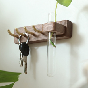 黑胡桃木创意花瓶挂衣架挂钩门口免打孔壁挂钥匙架粘钩