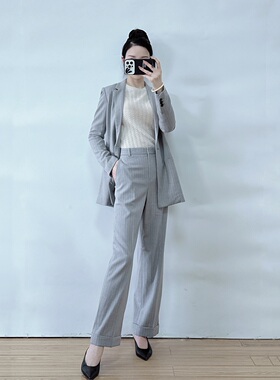 绍兴美代 Theory灰色条纹一粒扣羊毛西装+西裤J111103R 现00/0,00