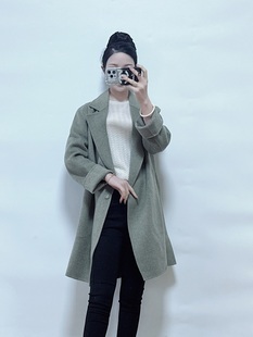 绍兴美代 Theory 豆沙绿双排扣西装领羊毛羊绒大衣 K081402R 现PS