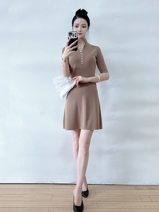 绍兴美代 Theory 半高领半扣短袖针织连衣裙 L076704R 现P-M