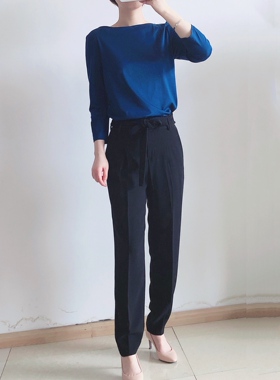 绍兴美代 THEORY 高腰系带收腰黑色直筒裤 SASH J085201R现00