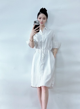 绍兴美代 Vince白色条纹腰带长袖衬衫连衣裙V540050992 现XS-m