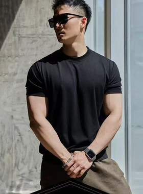 夏季男运动莫代尔清凉透气老钱风重磅螺纹收袖口正肩显大短袖T恤