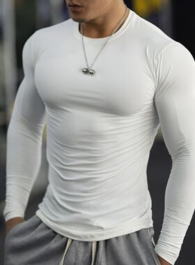 男士健身运动跑步撸铁训练高弹速干透气紧身衣压缩尼龙长袖T恤