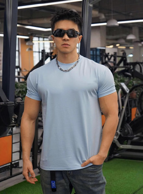 夏男健身运动训练弹力透气修身显大小袖口纯色索罗娜薄款短袖t恤