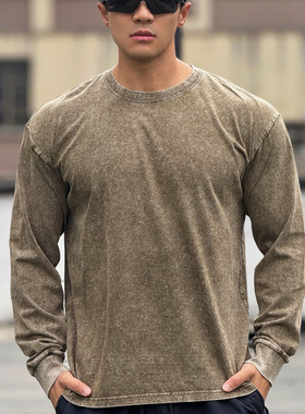 秋冬肌肉男士健身运动训练弹力透气宽肩显大水洗棉做旧长袖T恤