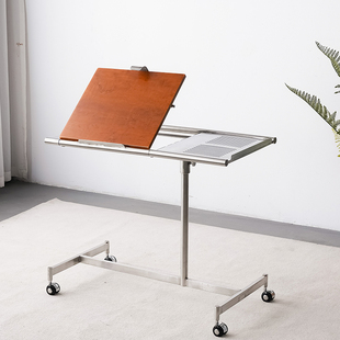 中古风实木移动带轮小推车茶几琴谱架可升降不锈钢边几床边电子桌