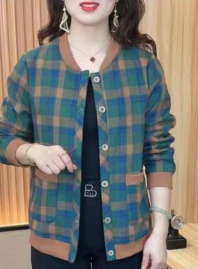 妈妈装秋冬季新款保暖外套加绒格子立领开衫加厚夹克衫40岁55宽松