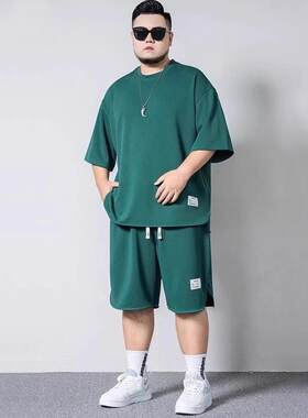 加肥加大胖子日系简约覆古重磅休闲套装大码男士短袖t恤男式夏季