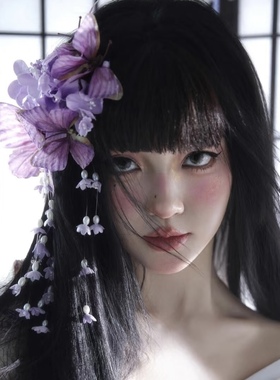 日系写真紫色仿真蝴蝶发夹古装汉服配饰铃兰花国风氛围感拍照发饰