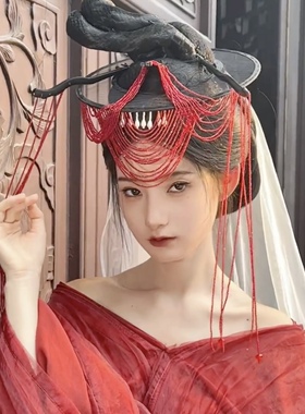 汉服配饰串珠发饰绿色流苏面帘米珠斗笠帷帽演出道具秦汉战国帽子