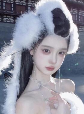 新款锦毛鼠嫦娥发饰古装超仙毛绒头饰古风汉服羽毛条精配饰品