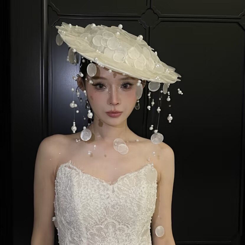 法式贝壳珍珠大帽檐礼帽女新娘婚纱拍照道具氛围感超气质贝母帽子
