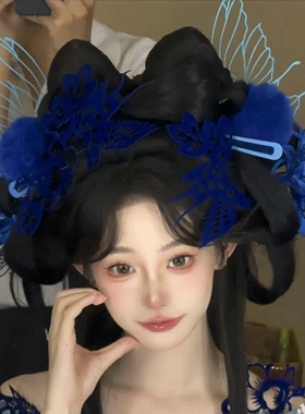 新款蓝色剪纸玄女喜鹊头饰国风汉服发饰彼岸花发簪中式旗袍造型