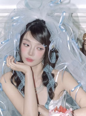 法式风白色蓬蓬头纱新娘结婚高级感配饰生日party装扮蝴蝶结纱