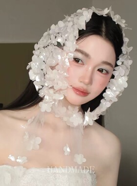 新款法式风白色头纱新娘超仙森系立体花朵双层网纱拍照道具高级感