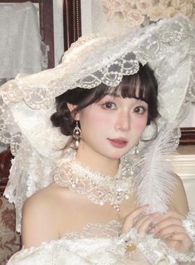 白色蕾丝礼帽洛丽塔新娘婚礼头纱影楼样片拍摄复古造型摄影道具