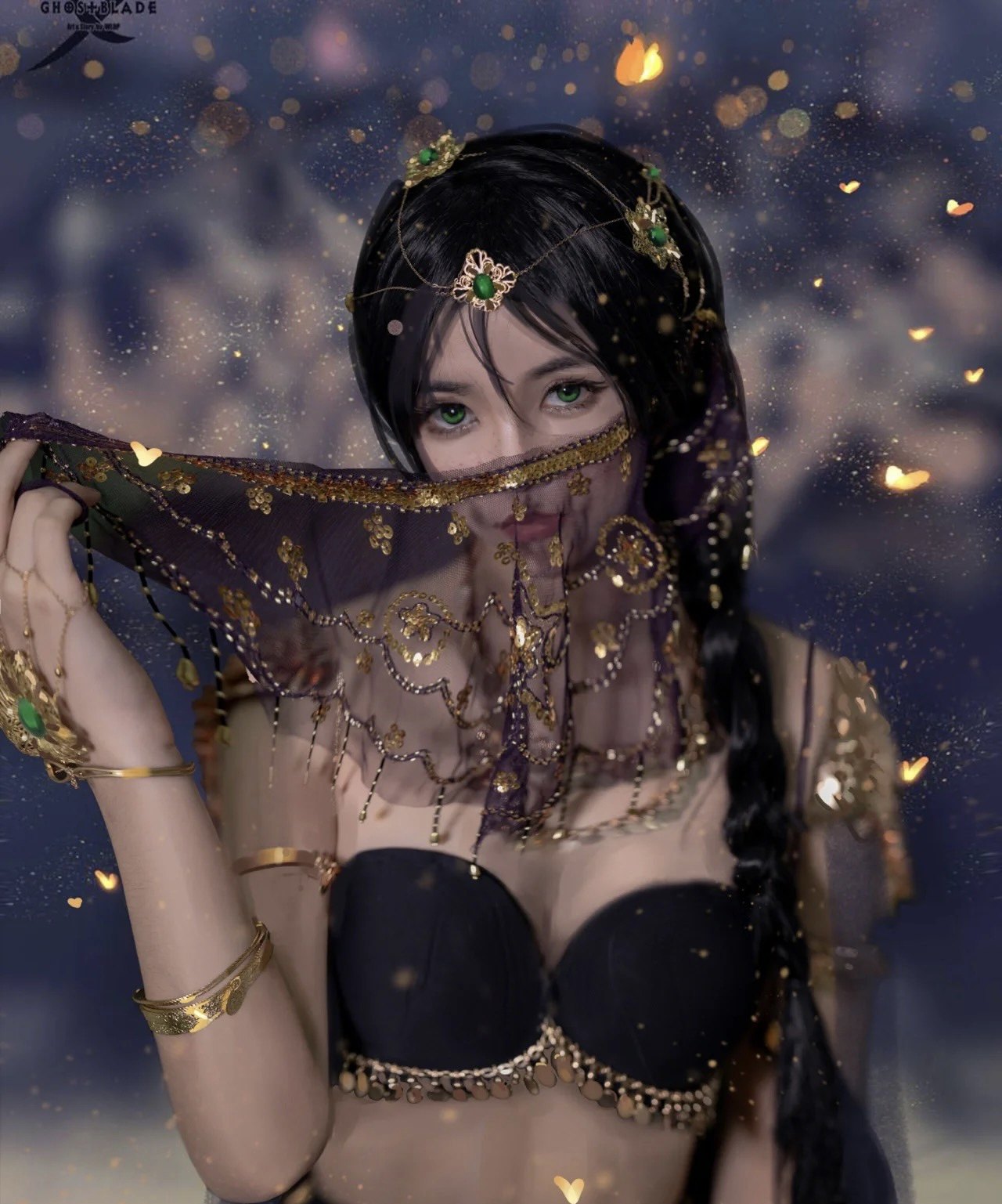 鬼刀风铃公主cos面纱蕾丝遮脸流苏肚皮舞饰品古风汉服仙女脸纱