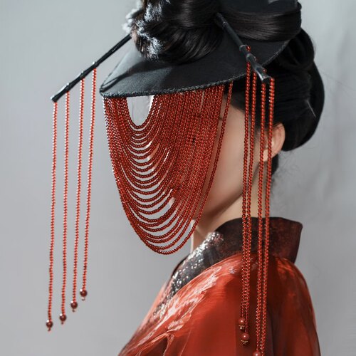 阿若公主红色流苏面帘米珠斗笠帷帽演出拍摄道具秦汉战国汉服饰品
