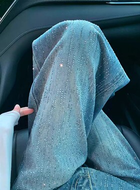 大码女装韩系穿搭蓝色满钻牛仔裤女胖mm高腰显瘦百搭甜酷直筒裤子