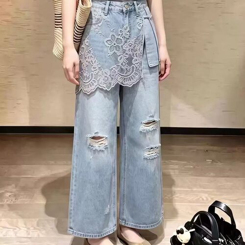 (现)秋装女2026年新款高级感蓝色高腰显瘦大码胖MM蕾丝拼接牛仔裤
